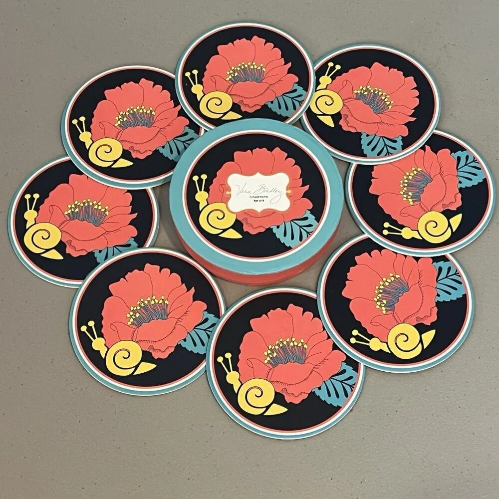Vera Bradley Coasters Happy Snails Floral Set of‎ 8 Kawaii Tropic Theme